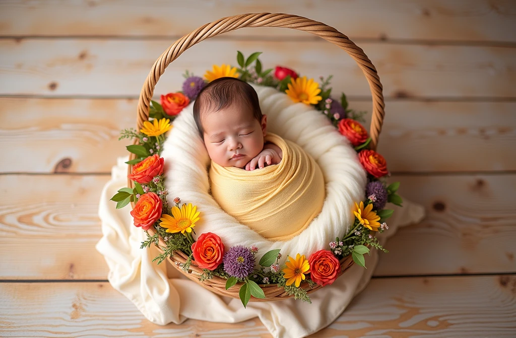 there is a sleeping in a basket with flowers on the white fur a picture inspired by Anne Geddes, pixabay contest winner, art photography, wrapped in flowers, wrapped in cables and flowers, dreamy and detailed, maternal photography 4 k, wrapped in flowers and wired, girl in a bed of flowers, detailed portrait shot, full of flowers, close portrait