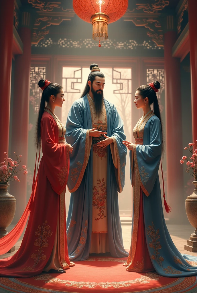 Two young women dressed in traditional Chinese clothing and Guan Yu stand and talk in an ancient Chinese palace.