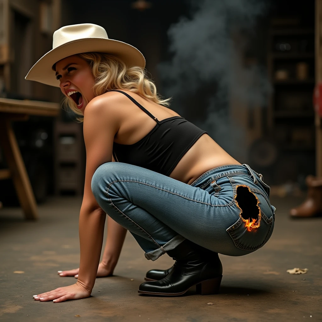 3D , She screams of very pain , 1 girl solo ,  we see her in profile , full body ,   his face is ultra detailed HD 4k from profile ,   with a big round hole with burnt edges and roasted  in his jeans exposing his buttocks to the air, and with a lot of smoke coming out of his ass, she is crawling  on the floor of an old blacksmith shop  , A captivating 4K photograph that juxtaposes comedy and style, featuring a blonde cowgirl embodying a Marilyn Monroe-esque charm. The cowgirl, dressed in a chic outfit, complete with a wide-brimmed hat and boots,   Her criminal activities in the Old West . 