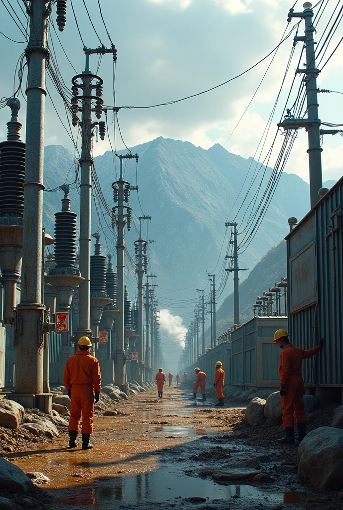 Imagine a hyperrealistic background of an electric company called PizarroElectric, working at an electrical substation
