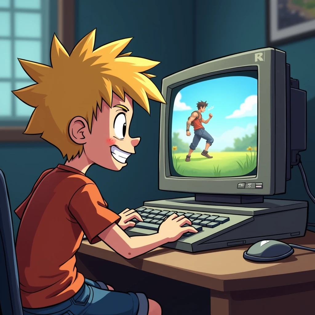 A young cartoon boy with spiky yellow hair, casually dressed, is engrossed in a popular online battle royale game on an old-fashioned computer. The computer has a large, bulky CRT monitor, an old-style keyboard, and a wired mouse. He is intensely focused on the game, with a grin on his face. The scene should imbibe a sense of nostalgia from the vintage computer setup combined with a modern, popular video game.