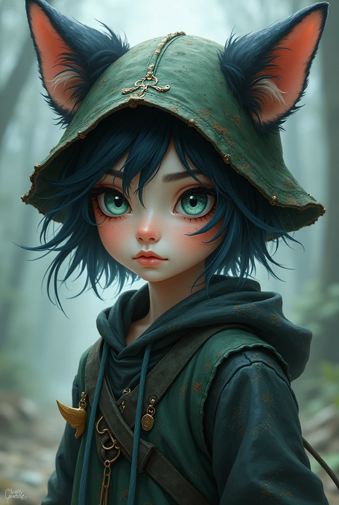 A child character with Skin: Your skin may have a pale tone, which reflects its origin in the subterranean region of Hades and the contrast with the Land of Eirene.eyeballs: Your eyes may be an intense and striking color, perhaps a deep shade of blue or green, emphasizing their special status and their connection with the supernatural.hairs: Nyssa may have very short, messy, dark hair, which may have a subtle sheen or an unusual color, like a silvery or deep blue tone.facial features: Your features can be delicate and angular, reflecting her royal heritage and the inner strength she has developed over the years. And wears a ragged hat with cat ears, wears sloppy and worn out clothes