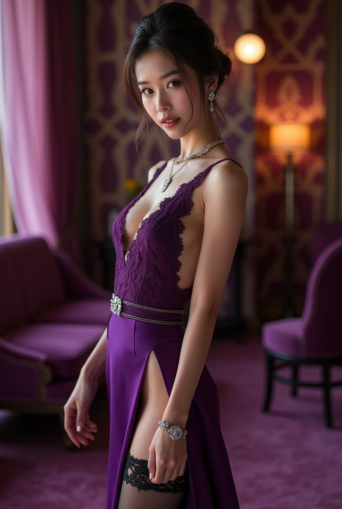 "Japanese facial features, one woman, full-body photo including shoes, sharp focus, beautiful full color, Purple high heels,camera angle from the floor looking up at the woman, 2 woman, Eyes are light brown,elegant and alluring atmosphere, chic and calm indoor setting, luxuriodus room, high-end interior, deep purple dress, deep purple high heels, black stockings and garter belt, graceful and seductive, white smooth glowing skin, Japanese features with Nordic-like delicate bone structure and high cheekbones, cool blue eyes, light brown hair, standing at an angle, face looking at the camera, toes visible in the photo with high heels, emphasizing long legs, special dress design to enhance allure, sexy V-neck dress with shallow neckline, sheer lace on shoulders revealing skin on shoulders and back, deep slit in skirt highlighting leg line, slit from waist to ankle showcasing stockings and garter belt, glossy deep red satin fabric flowing gracefully, geometric patterns on stockings, garter belt with lace and embellishments enhancing leg, wearing luxurious sparkling jewelry, high-quality diamond necklace, shimmering earrings, glamorous bracelet, multiple rings on fingers, sophisticated beauty and allure, emphasizing long legs and geometric patterns on stockings, polished updo hairstyle in light brown, natural yet alluring makeup, defined eyes and lips, confident and subtly seductive smile, soft lighting highlighting skin texture, black stockings, garter belt, and jewelry, overall luxury, elegance, and allure.