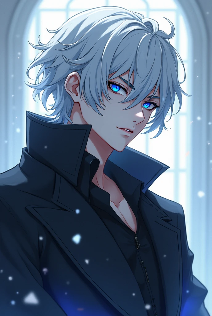 anime character, white hair, curly wavy hair, Pale skin, blue eyes, long eyelashes, male, tall muscular, big glossy lips, grey eyebrows,