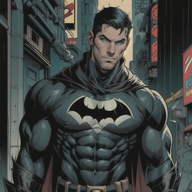 Scott Adkins as Batman the Dark Knight, inspired by Frank Miller's Batman, highly detailed, photorealistic, 8k, best quality, muscular male, chiseled jawline, piercing eyes, brooding expression, dark cowl, cape flowing, dark knight armor, gritty urban environment, rainy night, neon city lights, grappling hook, batarangs, striking a heroic pose