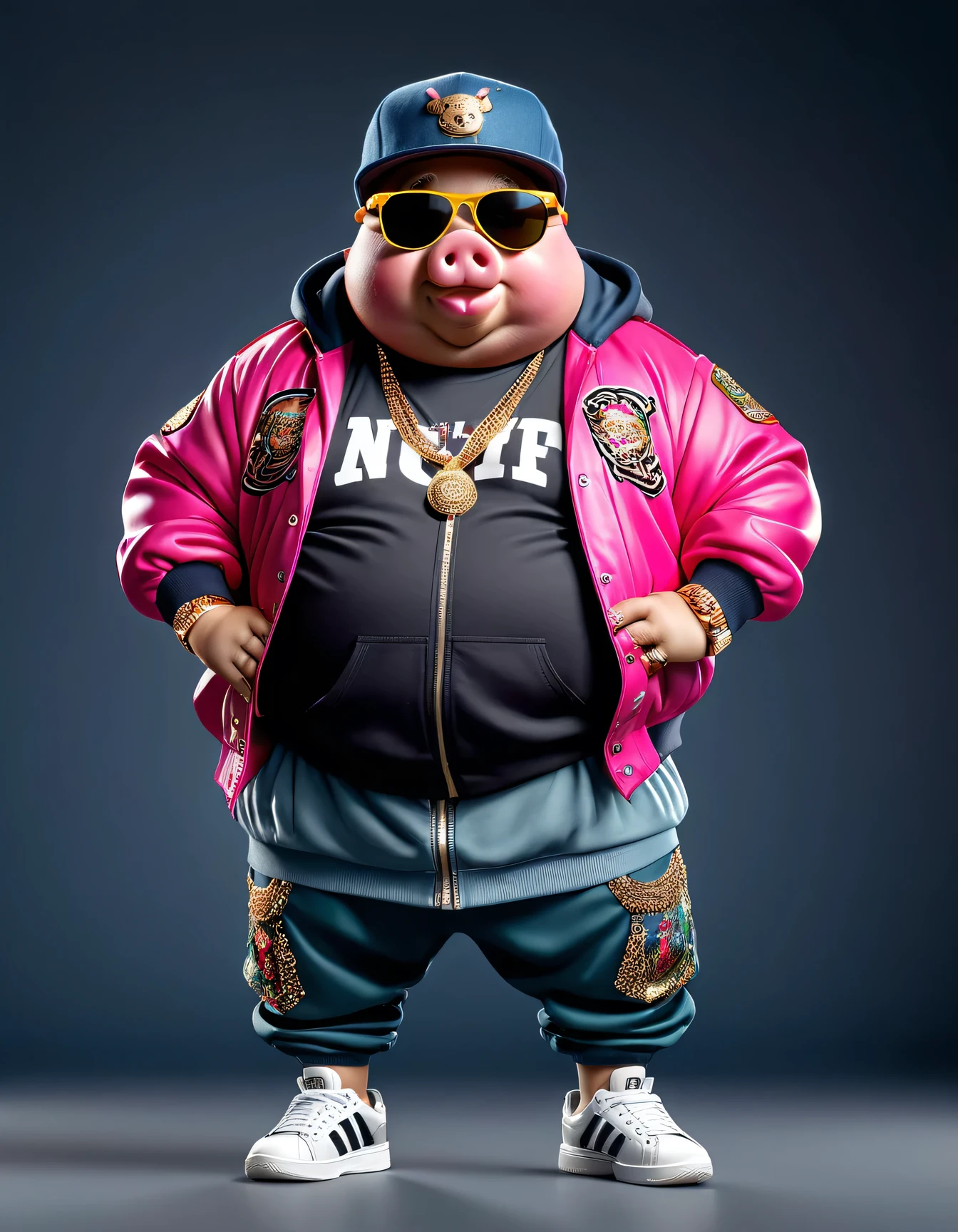 photorealistic portrait of Dressed animals - a ((fat)) (pig) hip hop dancer,(hands on hips:1.5), high quality,(lovely) ,intricate details, highly detailed ((hip hop fashion)) ,(wearing sunglasses:2.0), (cap, pants, sneakers),(wearing a jacket and hoodie) ,, wearing sunglasses, (happy), studio lighting,(full body image:1.5)