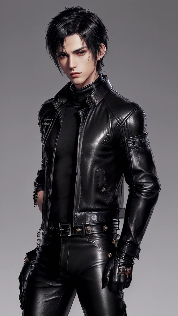 ((Final fantasy taste and reality graphics)), ((Japanese young cute and cool ikemen boy)), his age is early 20s, thin eyebrows and beady eyes, ((((he wearing black color leather very thick single-brest jacket)))),((((leather jacket is smooth luster and shiny)))), ((jacket with epaulet)), ((leather jacket close all zippers)),, ,(( jacket collar is very high length stand-up collar with belts)), , (((also wearing black color turtleneck polyester shirts))), (((tight black and leather pants))), ((((black leather tight and thin glove)))), ((black color leather knee-high raceup boots)),((show the boy whole body)), boy looks like fashion model,Do not show skin from the neck down,(((all his clothes are smooth design and very shining))),(((Avoid adding unnecessary decorations to your clothes))),(((all clothes is simple design and appearance))),(((don't wear jewelry on all clothes)))