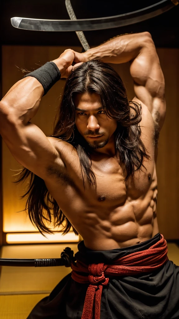 Fighting with two swords, Samurai, Stretch your arms, Realist:1.3,( fPhoto, Realist, 8k, RAW Photos, Premium Quality, masterpiece, Great lighting, Centered Images), (Dynamic Movement, Dynamic fighting,), (2 katana), whole body, (Disheveled brown long hair), (Handsome Japanese young man, 1, have confidence、Trained muscles., Wildman and his body with perfect details), cyber punk, Warrior, Tokyo, Shibuya Ward,