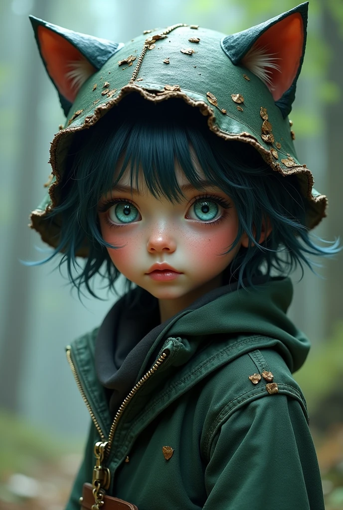 A character with Skin: Your skin may have a pale tone, which reflects its origin in the subterranean region of Hades and the contrast with the Land of Eirene.eyeballs: Your eyes may be an intense and striking color, perhaps a deep shade of blue or green, emphasizing their special status and their connection with the supernatural.hairs: Nyssa may have very short, messy, dark hair, which may have a subtle sheen or an unusual color, like a silvery or deep blue tone.facial features: Your features can be delicate and angular, reflecting her royal heritage and the inner strength she has developed over the years. And wears a ragged hat with cat ears, wears sloppy and worn out clothes