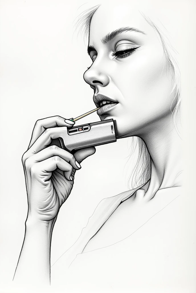Generate a drawing of a pencil sharpener being held between the chin and the neck, only one hand is sharpening a pencil with that sharpener that is between his chin and neck. Let the pencil sharpener be a simple one, silver manual.. Let it be drawing style. That the pencil is inside the sharpener, The sharpener is small and does not have any compartment for pencil waste...