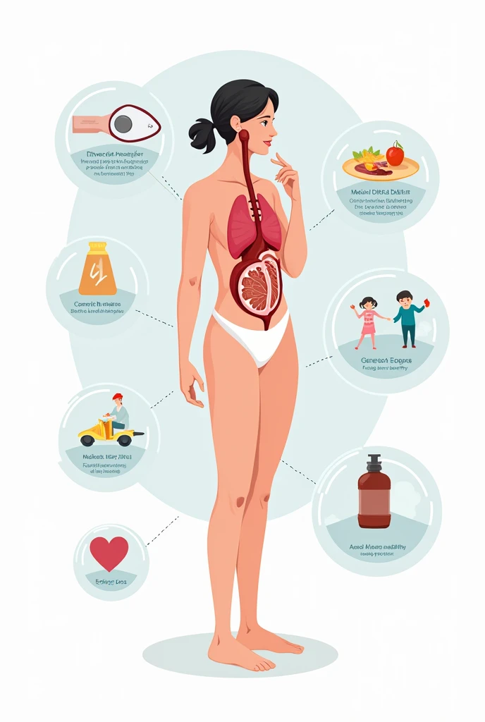 Create a picture of the body. On the abdomen there is a large clear glass and there is a lot of food in it.