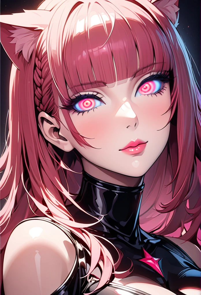 1girl,  spiral eyes (masterpiece), best quality, highly detailed face, dark dungeon background, succubus, womb tattoo, black latex, (SHARP details), 4k, highly detailed, expressive eyes, SHARP detail expressive eyes, (SHARP detail perfect face), (cat ears), cat girl),maroon red hair,(shiny peach lipstick) (pink eyes), long hair, detailed face, large breasts, long eyelashes, mature, (smirk, closed lips, big plump lips, eyeshadow) shiny skin, beautiful eyes,(detailed eyes, sharp eyes, clear pupils:0.8), blunt bangs, wispy bangs, naughty look, butt, thighs, cleavage, pink theme, cutest face, braided hair