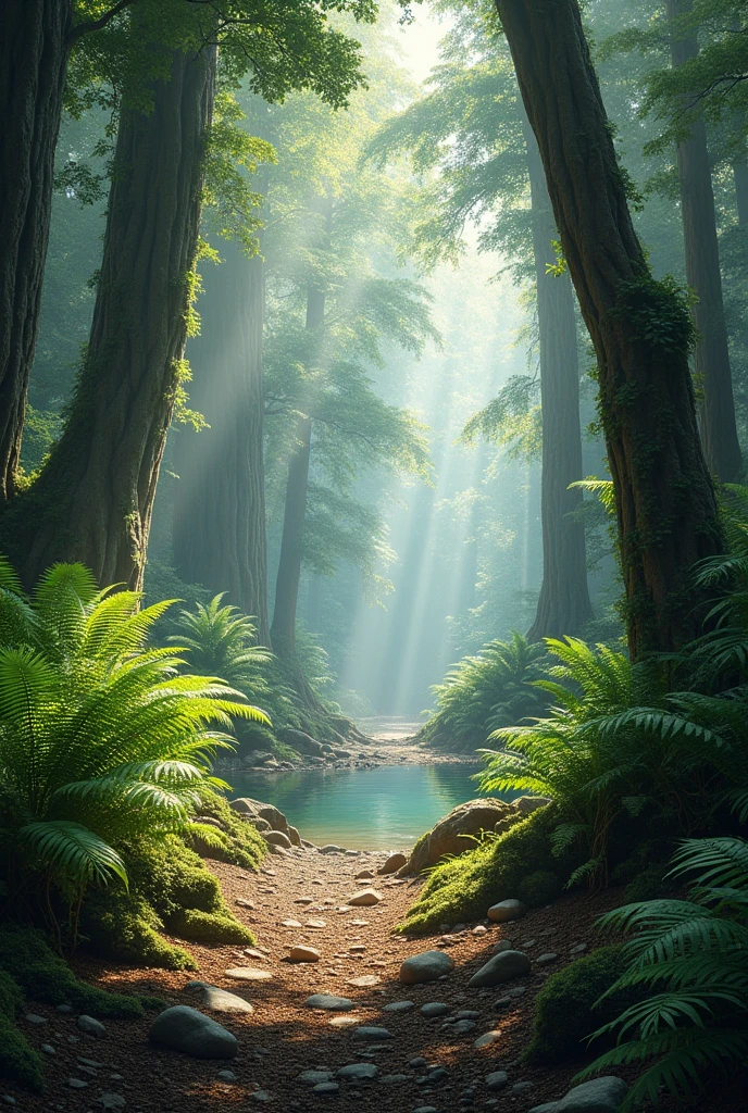 Jurassic primeval forest,There is soil and gravel nearby,There is a small pond in the distance