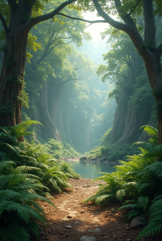 Jurassic primeval forest,There is soil and gravel nearby,There is a small pond in the distance