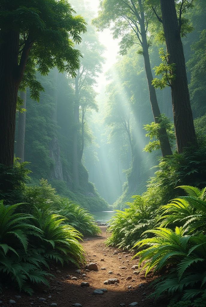 Jurassic primeval forest，There is soil and gravel nearby，There is a small pond in the distance