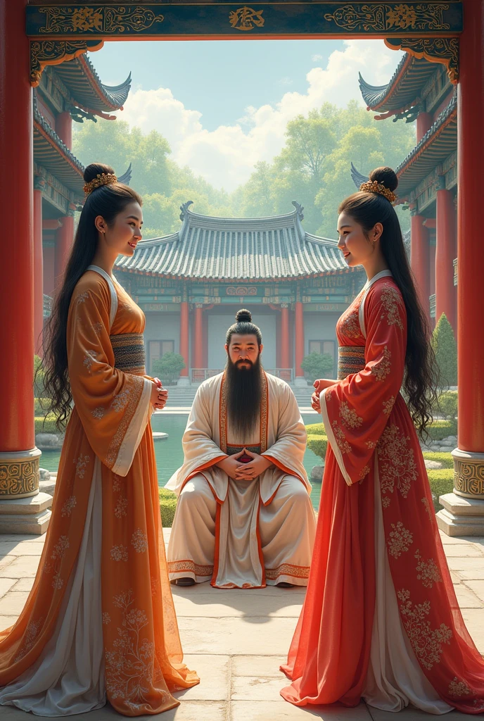 Two young women dressed in traditional Chinese clothing sit and talk with Guan Yu in an ancient Chinese palace.