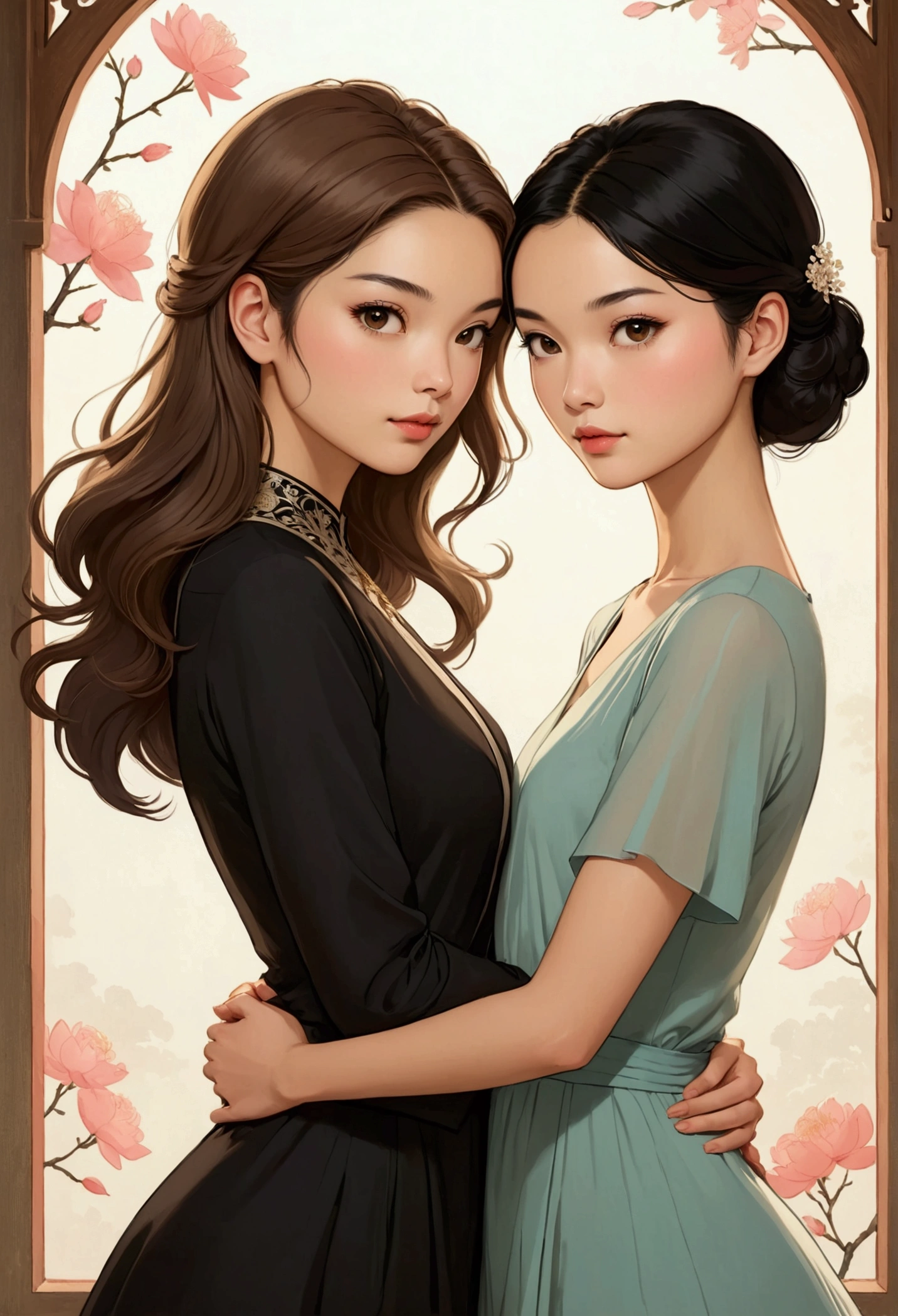 Two beautiful women in love, both dressed elegantly and modern in a tender attitude towards each other, Sarah Kay style, one British, with semi-short light brown hair, and the other woman with delicate Asian features, with long black hair.
