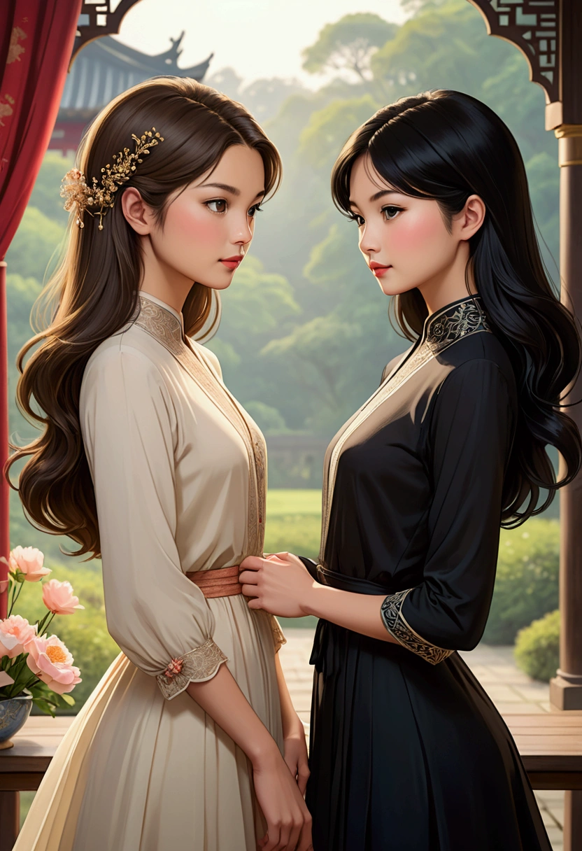 Two beautiful women in love, both dressed elegantly and modern in a tender attitude towards each other, Sarah Kay style, one British, with semi-short light brown hair, and the other woman with delicate Asian features, with long black hair.