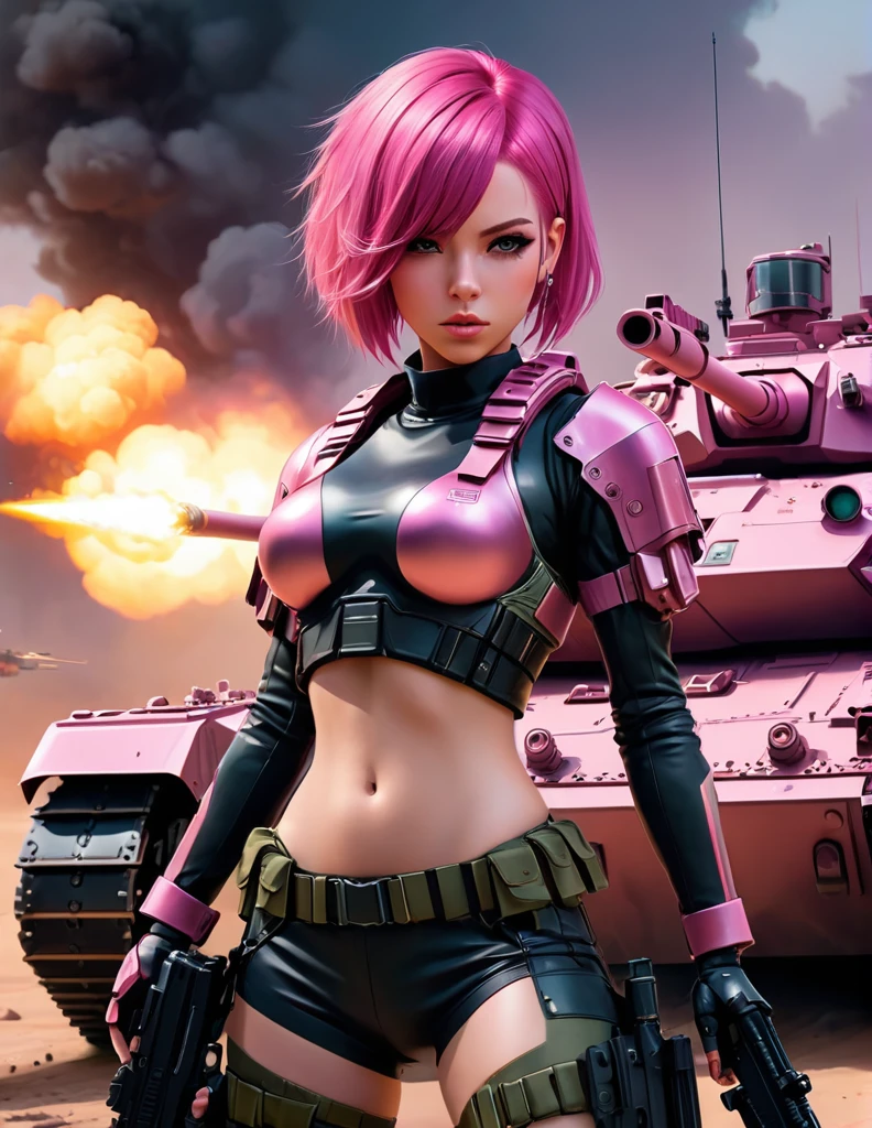 there is a woman with pink hair standing in front of a tank, mechanized soldier girl, m4 sopmod ii girls frontline, dark pink armor, soldier girl, with pink hair, infantry girl, ready for combat, non-style artwork by guweiz, aesthetic cyber punk, military girl, amaranth,  Pink, cyber punk))), poised for battle