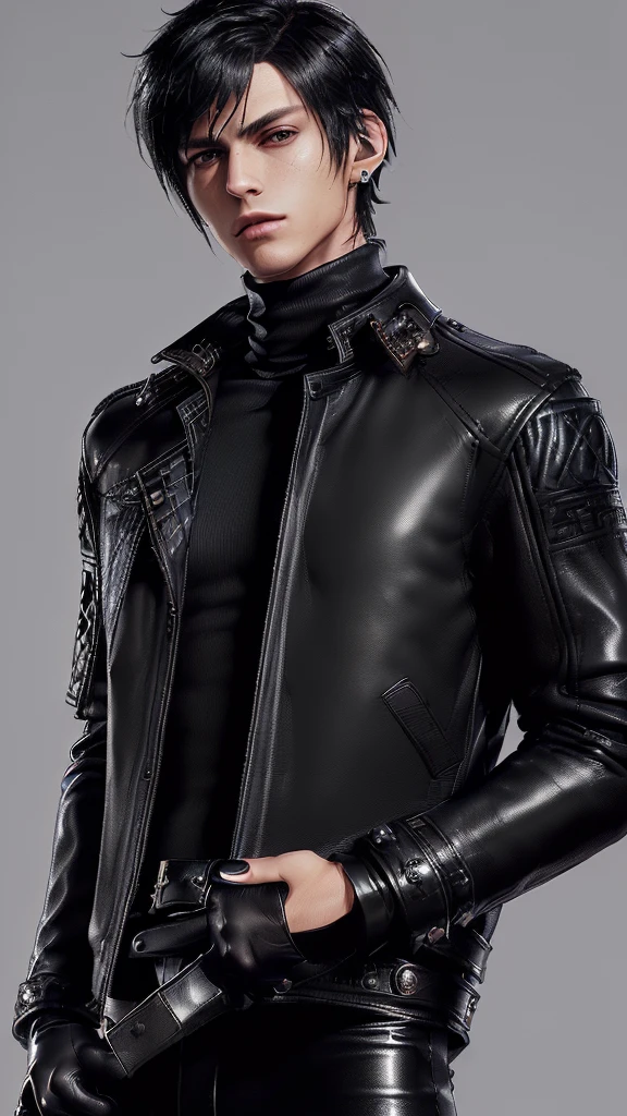 ((Final fantasy taste and reality graphics)), ((Japanese young cute and cool ikemen boy)), his age is early 20s, thin eyebrows and beady eyes, ((((he wearing black color leather very thick single-brest jacket)))),((((leather jacket is smooth luster and shiny)))), ((jacket with epaulet)), ((leather jacket close all zippers)),, ,(( jacket collar is very high length stand-up collar with belts)), , (((also wearing black color turtleneck polyester shirts))), (((tight black and leather pants))), ((((black leather tight and thin glove)))), ((black color leather knee-high raceup boots)),((show the boy whole body)), boy looks like fashion model,Do not show skin from the neck down,(((all his clothes are smooth design and very shining))),(((Avoid adding unnecessary decorations to your clothes))),(((all clothes is simple design and appearance))),(((don't wear jewelry on all clothes)))