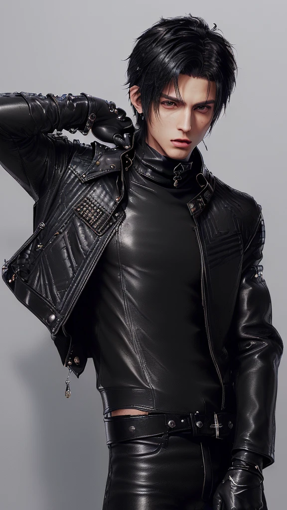 ((Final fantasy taste and reality graphics)), ((Japanese young cute and cool ikemen boy)), his age is early 20s, thin eyebrows and beady eyes, ((((he wearing black color leather very thick single-brest jacket)))),((((leather jacket is smooth luster and shiny)))), ((jacket with epaulet)), ((leather jacket close all zippers)),, ,(( jacket collar is very high length stand-up collar with belts)), , (((also wearing black color turtleneck polyester shirts))), (((tight black and leather pants))), ((((black leather tight and thin glove)))), ((black color leather knee-high raceup boots)),((show the boy whole body)), boy looks like fashion model,Do not show skin from the neck down,(((all his clothes are smooth design and very shining))),(((Avoid adding unnecessary decorations to your clothes))),(((all clothes is simple design and appearance))),(((don't wear jewelry on all clothes)))