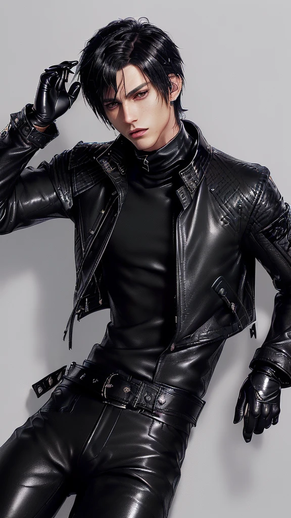 ((Final fantasy taste and reality graphics)), ((Japanese young cute and cool ikemen boy)), his age is early 20s, thin eyebrows and beady eyes, ((((he wearing black color leather very thick single-brest jacket)))),((((leather jacket is smooth luster and shiny)))), ((jacket with epaulet)), ((leather jacket close all zippers)),, ,(( jacket collar is very high length stand-up collar with belts)), , (((also wearing black color turtleneck polyester shirts))), (((tight black and leather pants))), ((((black leather tight and thin glove)))), ((black color leather knee-high raceup boots)),((show the boy whole body)), boy looks like fashion model,Do not show skin from the neck down,(((all his clothes are smooth design and very shining))),(((Avoid adding unnecessary decorations to your clothes))),(((all clothes is simple design and appearance))),(((don't wear jewelry on all clothes)))