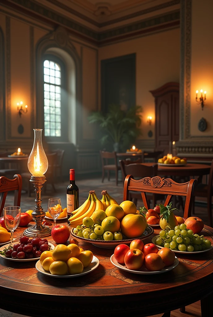 An old Filipino-Spanish colonial Big Room with full of bananas, apple, pear, mango, grapes in plates and wine in table with chairs and bright gas lamp around the room.