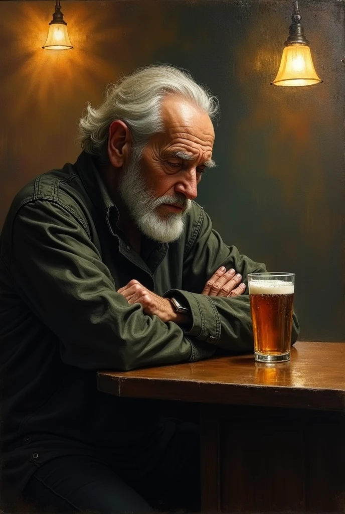 painting of an elderly man in profile sitting at a table with a glass of beer, arms crossed, sitting alone in a bar, in a pub, realistic oil painting, james gurney painting style, sad man, portrait of an alcoholic, drinking beer, detailed realistic painting, realistic detailed painting, incredibly detailed oil painting, realistic painting, ultra realistic oil painting, an old man, drinking a beer