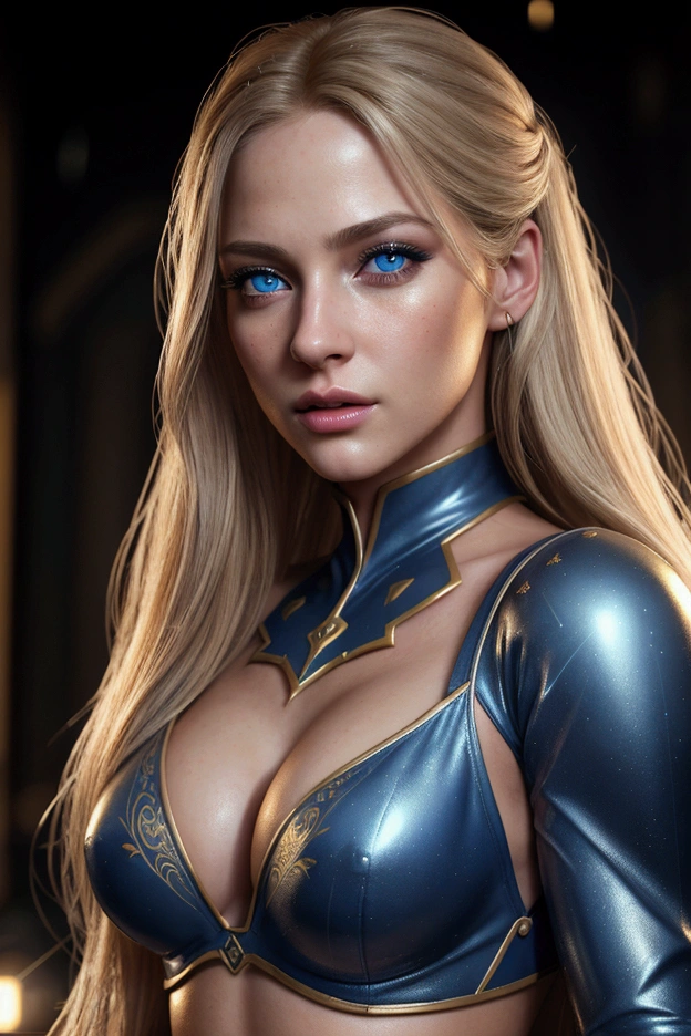 a beautiful girl with long blonde hair, beautiful detailed eyes, beautiful detailed lips, extremely detailed face,long eyelashes, blue eyes, lightning emanating from hands, blue and gold combat gloves, revealing clothing,  seductive and sexy pose, and a thunderstorm is in the background (best quality,4k,8k,highres,masterpiece:1.2),ultra-detailed,(realistic,photorealistic,photo-realistic:1.37),concept art,digital painting,cinematic lighting,dramatic lighting,vibrant colors,fantasy,intricate details