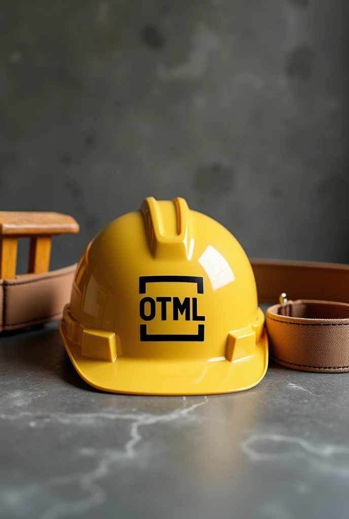 A safety helmet with the initials OTML on the front of the helmet placed on the table with a carpenters tool belt beside it