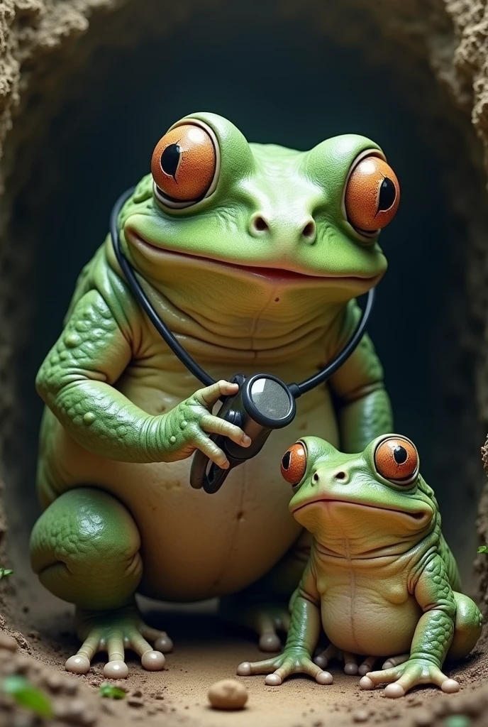 One big ugly frog with stethoscope, checking the heartbeat of black ugly frog usic her stethoscope, they are underground on a tunnel