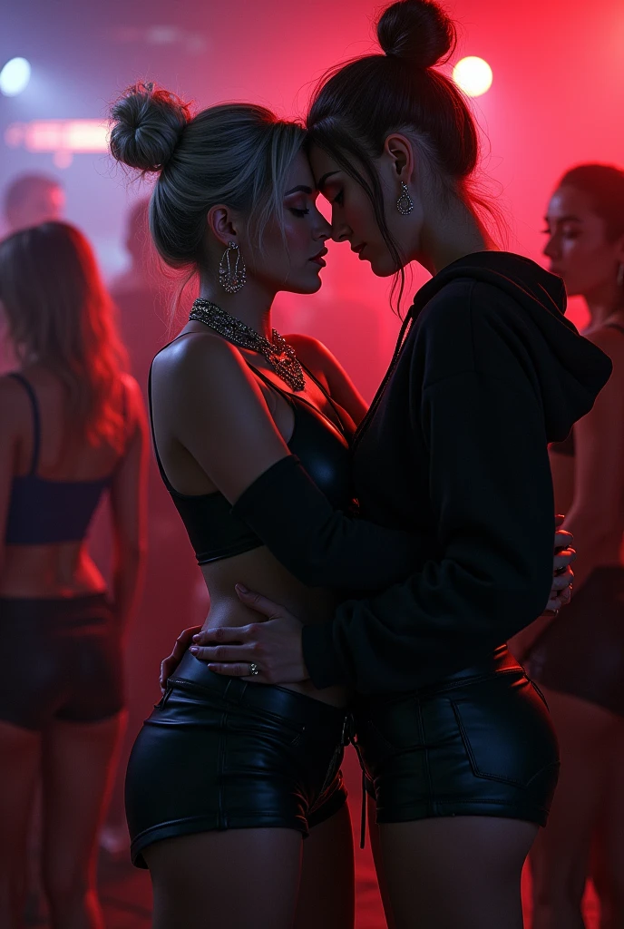 black woman hair in a bun black hoodie black leather short shorts a old grandma in a dress kissing her ass behind her squeezing her sexy ass in a club