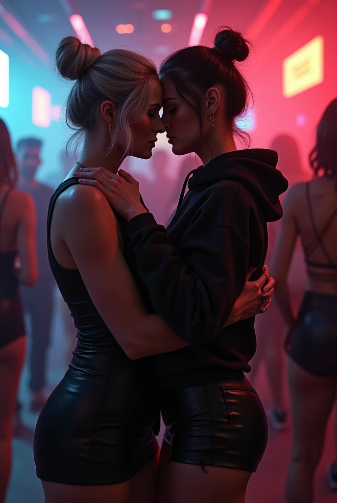 black woman hair in a bun black hoodie black leather short shorts a old grandma in a dress kissing her ass behind her squeezing her sexy ass in a club
