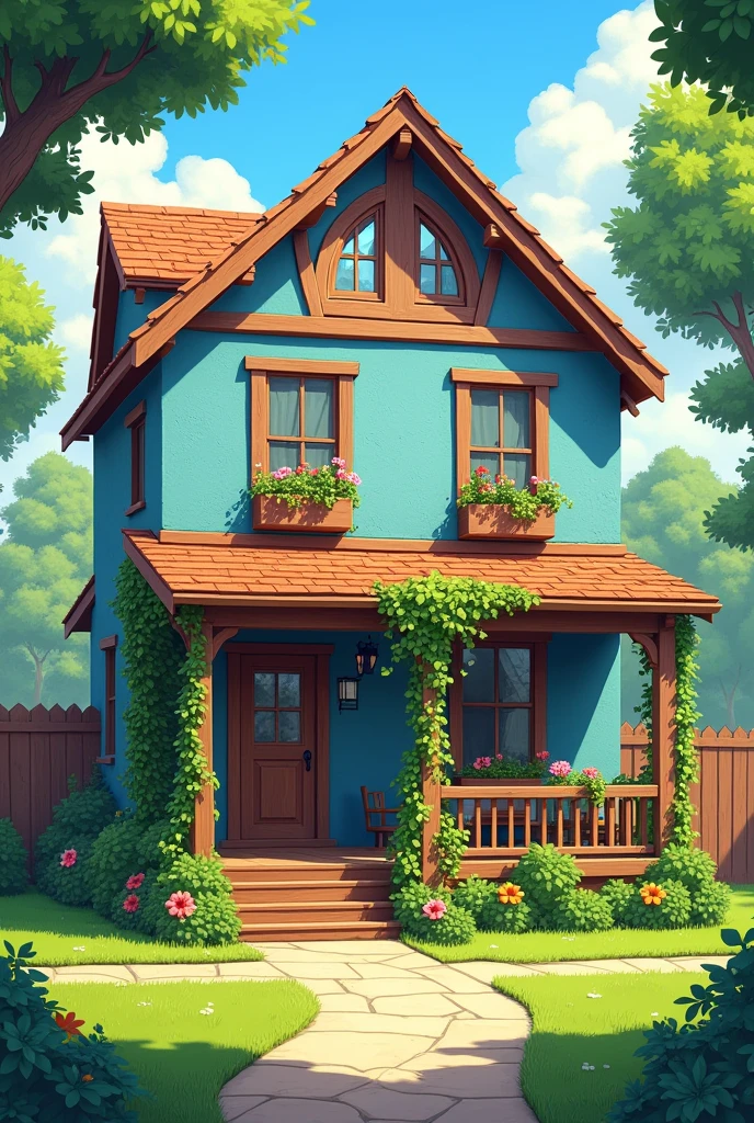 Make a town house that is on a large yard and is blue with a wood porch with plants