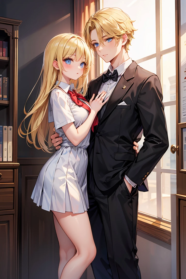 (Long Black Hair Beautiful breasts beautiful girl school dress . long eyelashes blue eyes )( talking to boy tall boy with blonde hair )