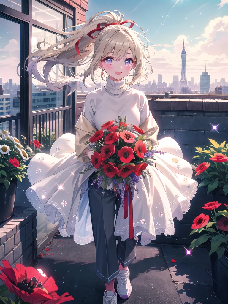 ((8k, Highest quality, masterpiece: 1.3)),Ultra-high resolution,(1 girl, alone), (Color changing eyes, Ultra-detailed, Expressive brilliance, Glitter, Glowing Eyes), Highly detailed eyes, Highly detailed face, Random Hair, ((pastel colour))Imagine a woman standing on a rooftop garden during a sunny afternoon, with a stunning cityscape view in the background. She’s holding an overflowing bouquet of bright red poppies, white daisies, and lavender, wrapped in clear cellophane with a vibrant red ribbon. The bouquet is full and vivid, capturing the vibrant energy of the moment. She’s dressed in a modern, casual chic outfit—a light grey turtleneck tucked into high-waisted beige trousers, paired with simple white sneakers. Her hair is styled in a neat ponytail, giving her a fresh and confident look. She’s angled slightly to the side but faces the camera with a radiant, joyful smile, her eyes filled with warmth and happiness. She offers the bouquet forward with both hands, her body leaning slightly towards the camera, conveying eagerness and joy. The background includes lush rooftop plants, the blue sky, and distant skyscrapers, with delicate sparkles adding a celebratory touch to the vibrant, urban scene.