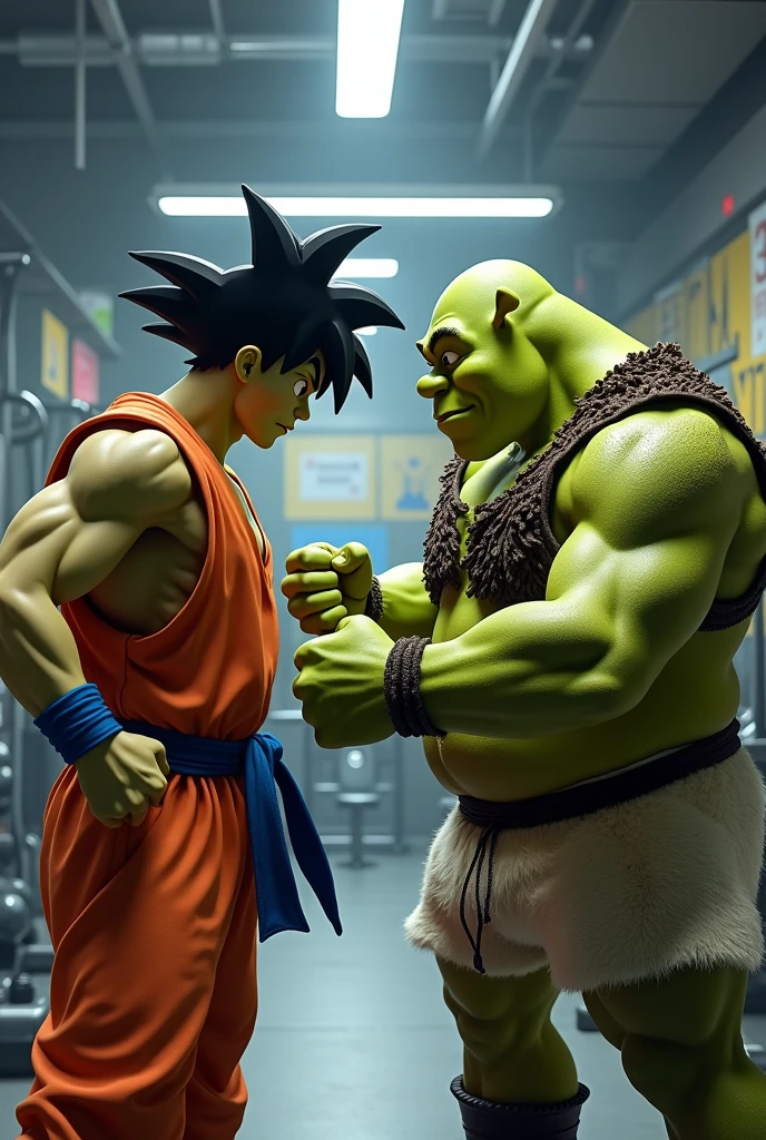 Goku and Shrek training in the gym 
