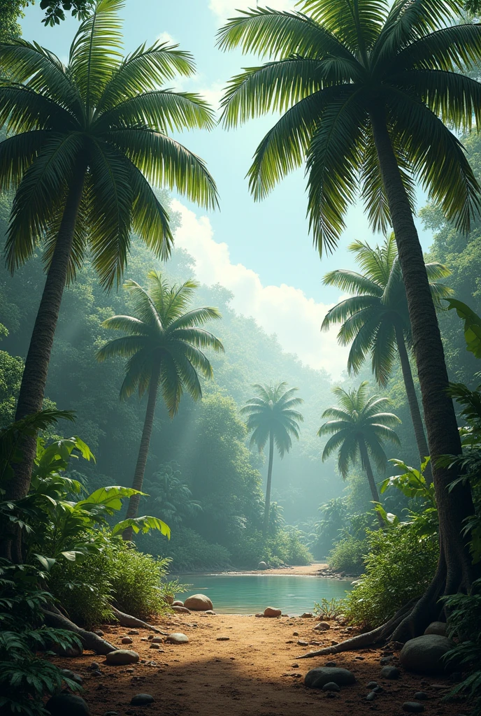 Jurassic primeval forest,coconut tree,There is soil and gravel nearby,There is a small pond in the distance