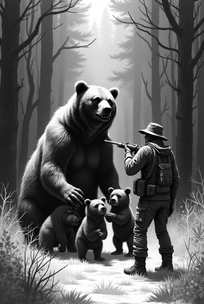 A bear with its cubs trying to hug a hunter who is pointing a gun at them, to draw in black and white