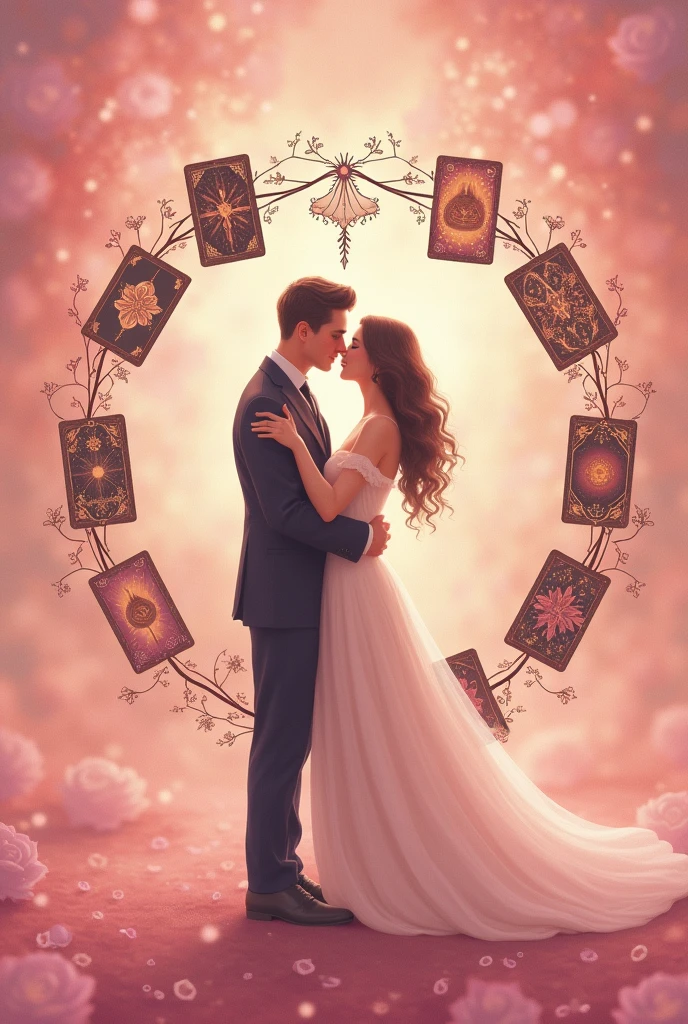 Lover's Card、Cards of the World、Place the cards of the Wheel of Fortune side by side、The background is pink pastel color