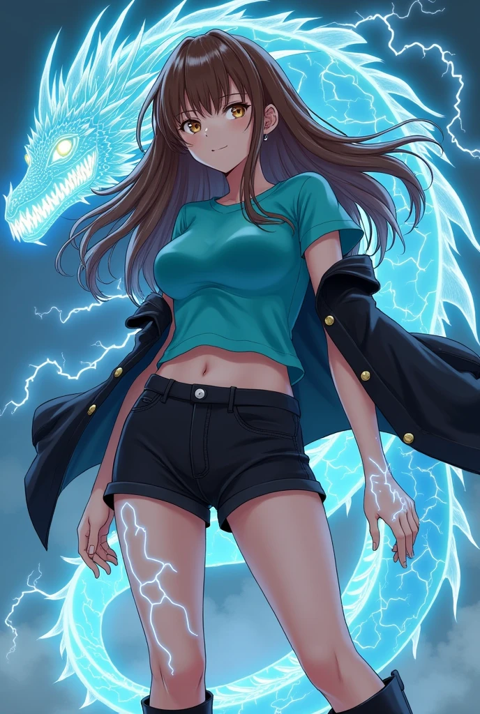 1. 1 white girl 2. Long wavy brown hair 3. Light brown eyes 4. elongated face 6. Big hips 7. He is wearing black shorts 8. Turquoise T-shirt 10. Black jacket 11. He has lightning bolts on his hands and body 12. It has to be full body 13. Wear black boots 17. It has to be in detailed anime version 18. Behind her is a dragon made of lightning