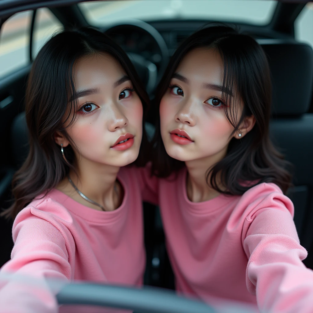 Identical twin sisters、High angle photo of a beautiful young girl in cyberpunk style, Realistic skin texture, look up,Pink sweatshirt,Posing in a car, 1 / 2 cuts, 8 5mm Art Lens, 1 1 1. 2, Sharp focus, 8K high resolution, Very detailed, Complex, chic, Art by Stanley Lau and Cyberpunk