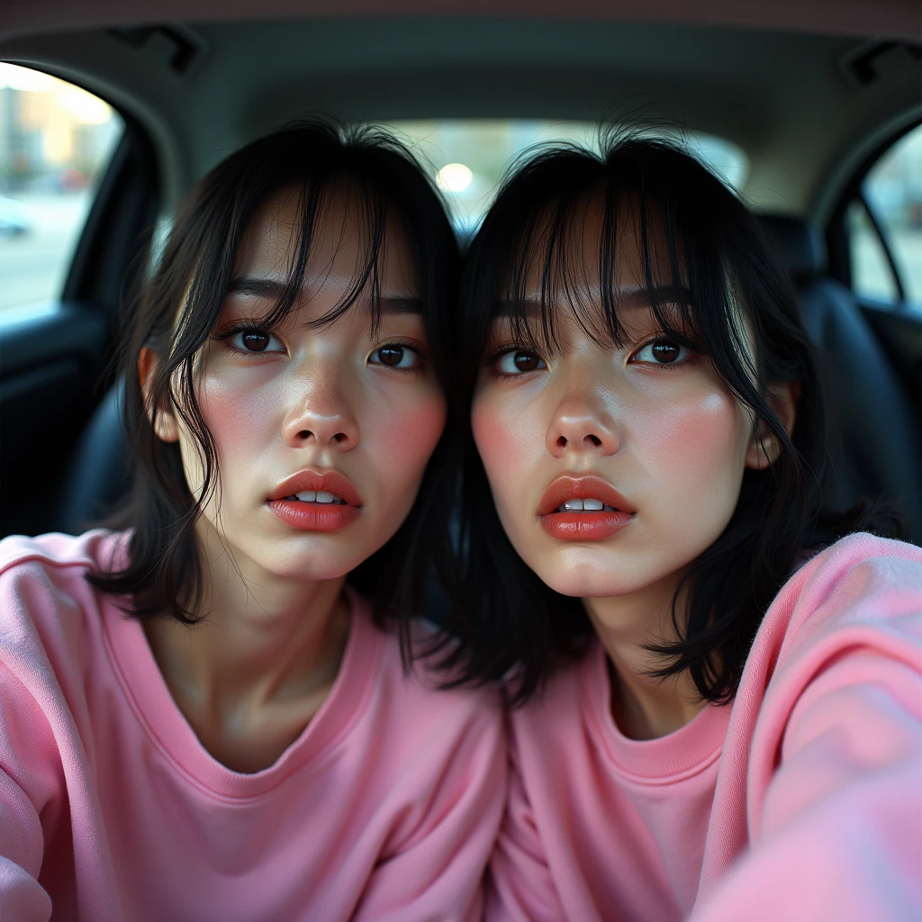 Identical twin sisters、High angle photo of a beautiful young girl in cyberpunk style, Realistic skin texture, look up,Pink sweatshirt,Posing in a car, 1 / 2 cuts, 8 5mm Art Lens, 1 1 1. 2, Sharp focus, 8K high resolution, Very detailed, Complex, chic, Art by Stanley Lau and Cyberpunk