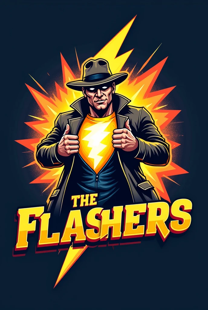 Make a logo for an american football team called "The Flashers" and include the team name. Make it with the flash in a trenchcoat exposing himself to a civilian.
