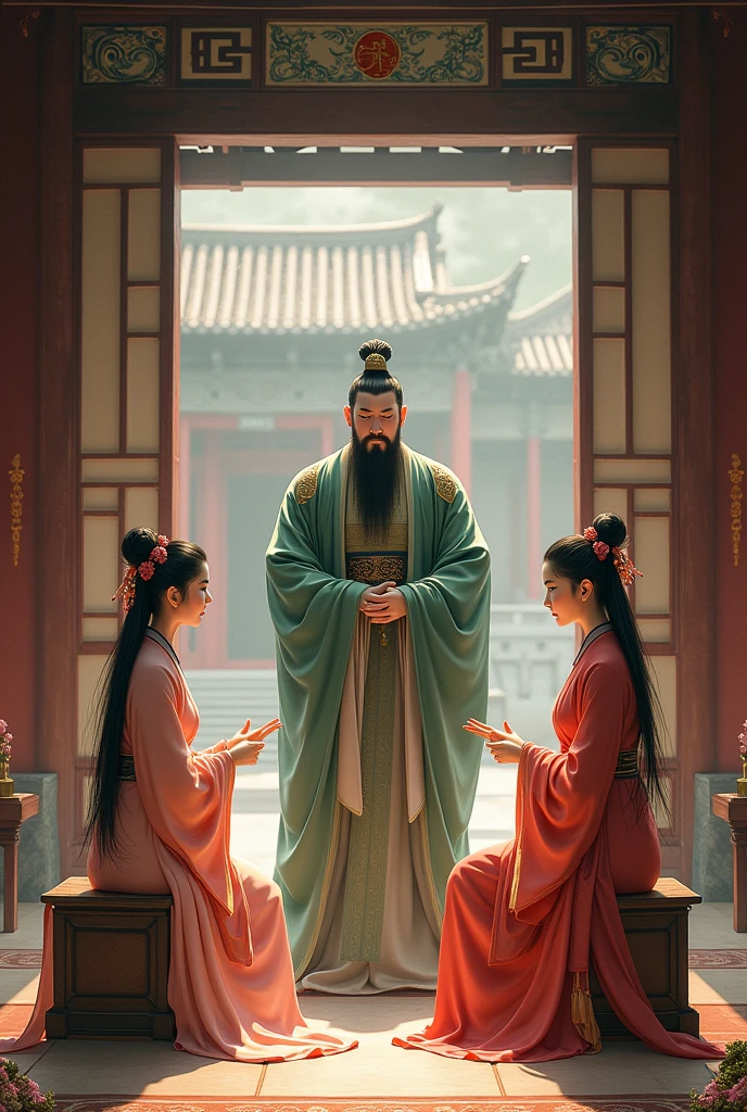 
Two young women dressed in traditional Chinese clothing sit on a stool and Guan Yu stands and talks in an ancient Chinese palace.