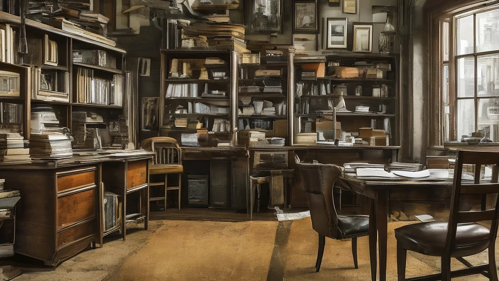 messy and cluttered editorial office, piles of papers and books, old typewriters, antique desk lamps, cigarette smoke, coffee mugs, worn-out leather chairs, open windows revealing small town street view, overcast sky, power lines, brick buildings, shops, pedestrians in the distance, muted colors, melancholic atmosphere, highly detailed, photorealistic, cinematic lighting