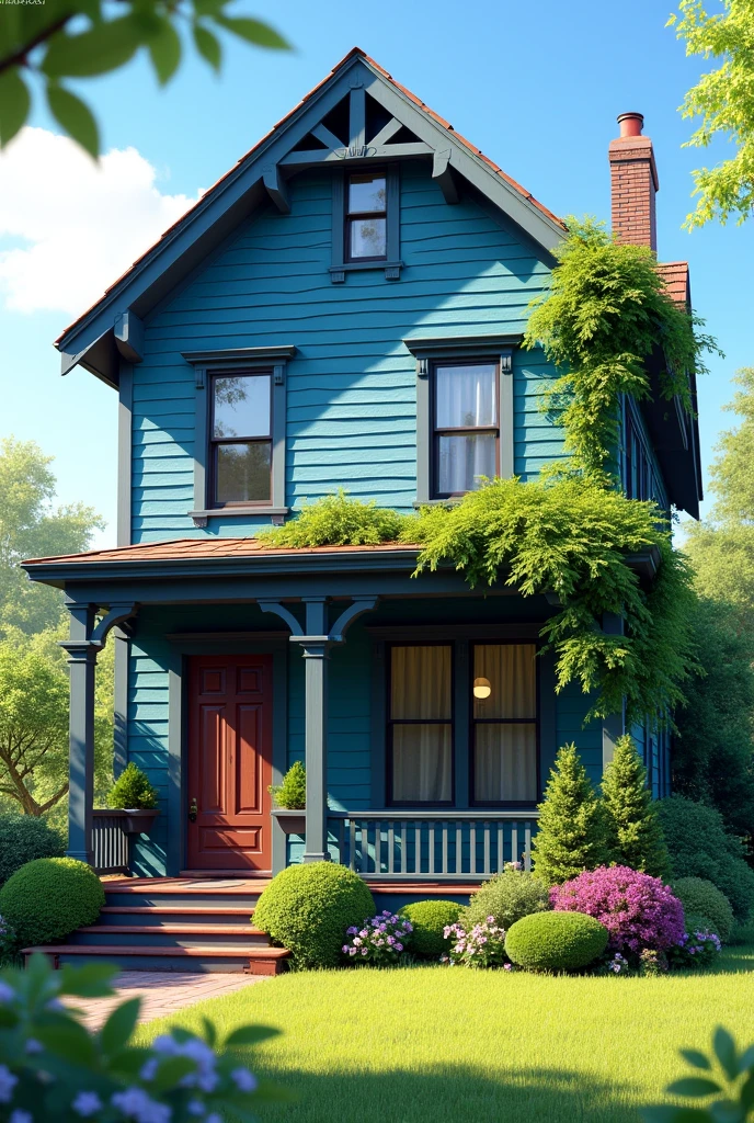 Make a realistic town house that is on a large yard and is blue with a wood porch with plants