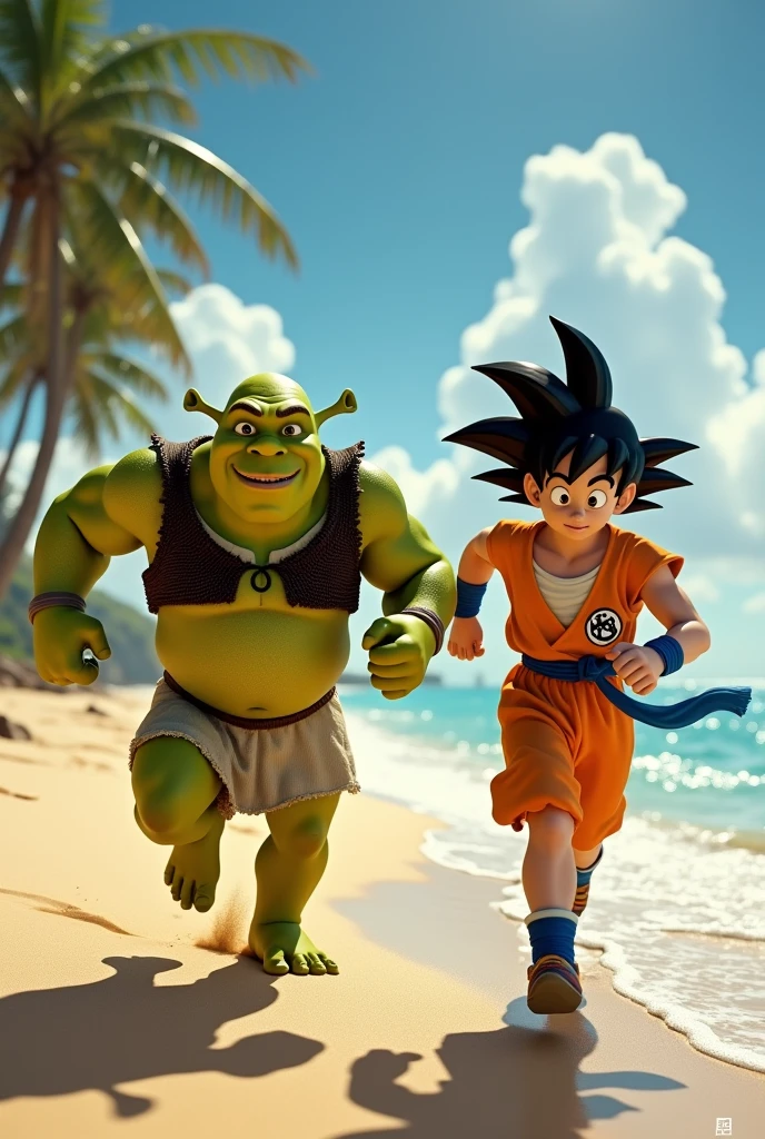 Shrek with Goku running on the beach