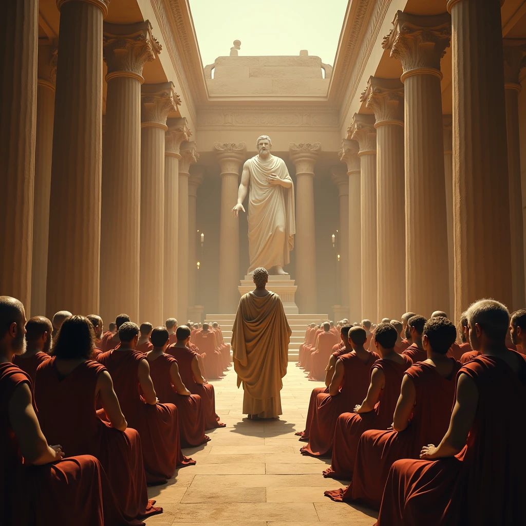 "Una realistic image de Platón enseñando sobre el demiurgo y el origen del universo en un templo a Jupiter gigantesca en la Atlantida mientras un publico mediano en numero aplude, without women" (realistic image)