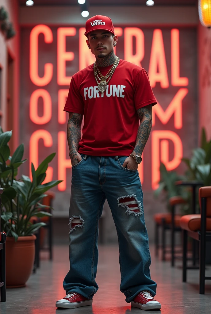 Generates a realistic full-body image of a 20-year-old blond guy with the style and presence of a rap star, posing in an environment that simulates a magazine cover. He wears a red cap with the word 'FORTUNE' in large, prominent letters on the front.. Her outfit includes a tight red top with the word 'FORTUNE' in prominent white letters across the chest., Wide-leg jeans that highlight your urban style, and some Vans sneakers. Complete your look with statement jewelry, tattooed arms, and short hair.
The background should be designed like a magazine cover, highlighting the phrase 'CENTRAL SHOP' in a prominent place, along with an eye-catching design and headlines that enhance your presence. Make sure the lighting highlights the words on the clothes and the boy's confident attitude., Fusing the glamour of a rap superstar with the sophisticated surroundings of a magazine cover.